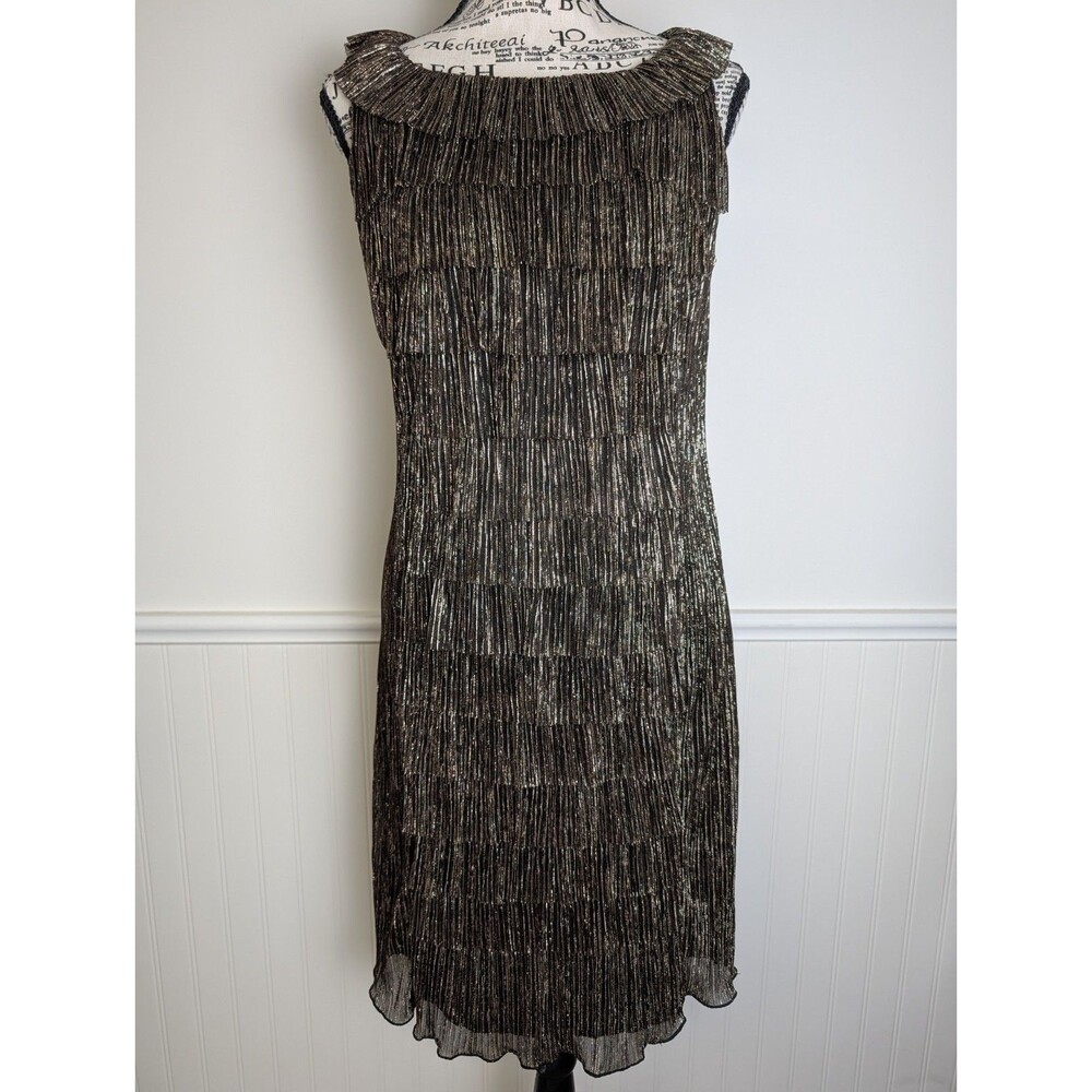 Connected Apparel Women's Gold Metallic Tiered Ruffle Party Sheath Dress Size 8